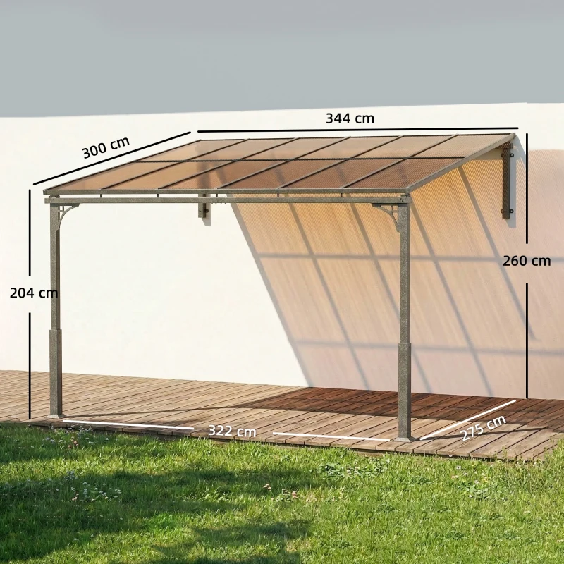 Outsunny 3.4 x 3 m Metal Lean-to Pergola, Wall-Mounted Garden Pergola with Polycarbonate Roof and Metal-Aluminium Frame, Heavy Duty Hardtop Gazebo for Outdoor Patios, BBQ, Brown
