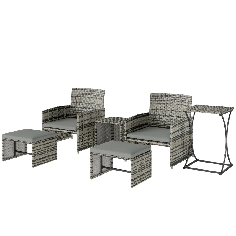 Outsunny 6 Piece Rattan Garden Furniture, Space-Saving Patio Furniture Set with Nesting Tables, Chairs, Stools, Cushions, Grey