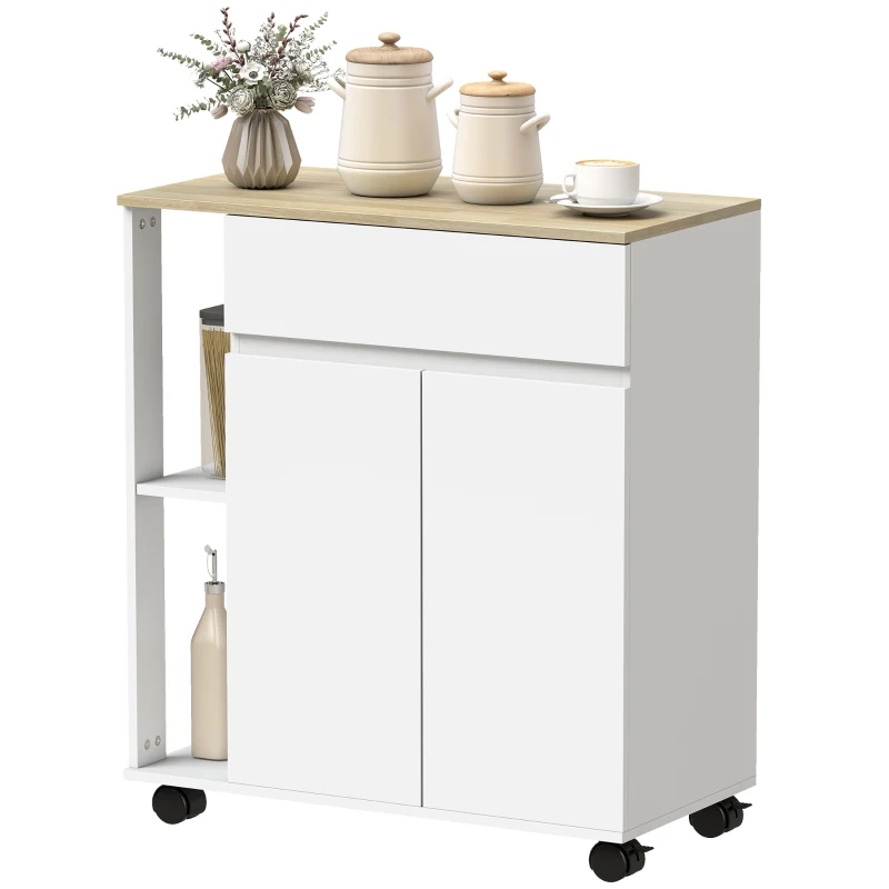 HOMCOM Carro de Cocina con Cajón, Armario y 2 Estantes Laterales, en Madera, 78x39.5x88.5 cm, Blanco y Roble