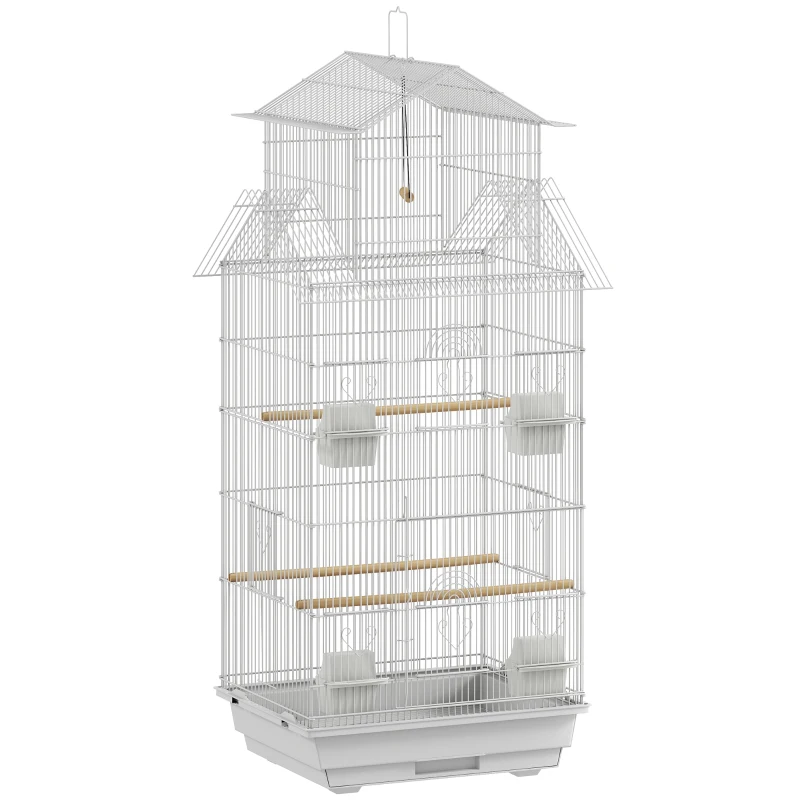 PawHut Cage pour Oiseaux en Acier avec Mangeoires Perchoirs Balançoire et Plateau Amovible 50,5x41x104 cm Blanc