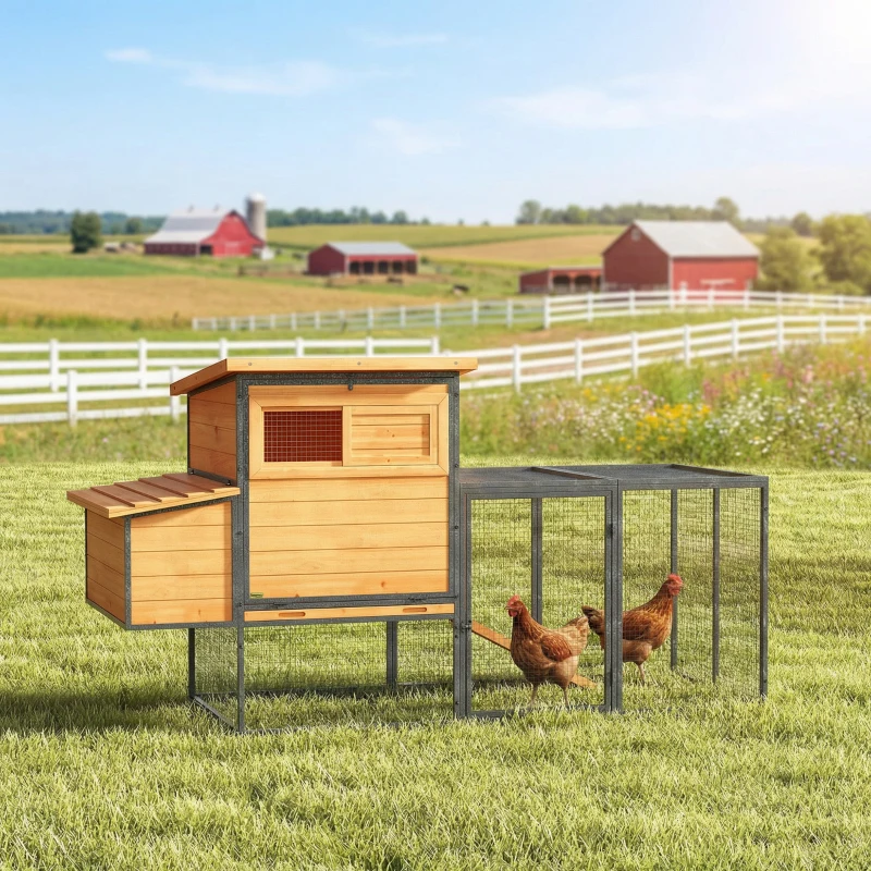 PawHut Gallinero jaula para gallinas en madera y acero con recinto nido cajón para excrementos y techo abatible 192x81,5x104cm naranja
