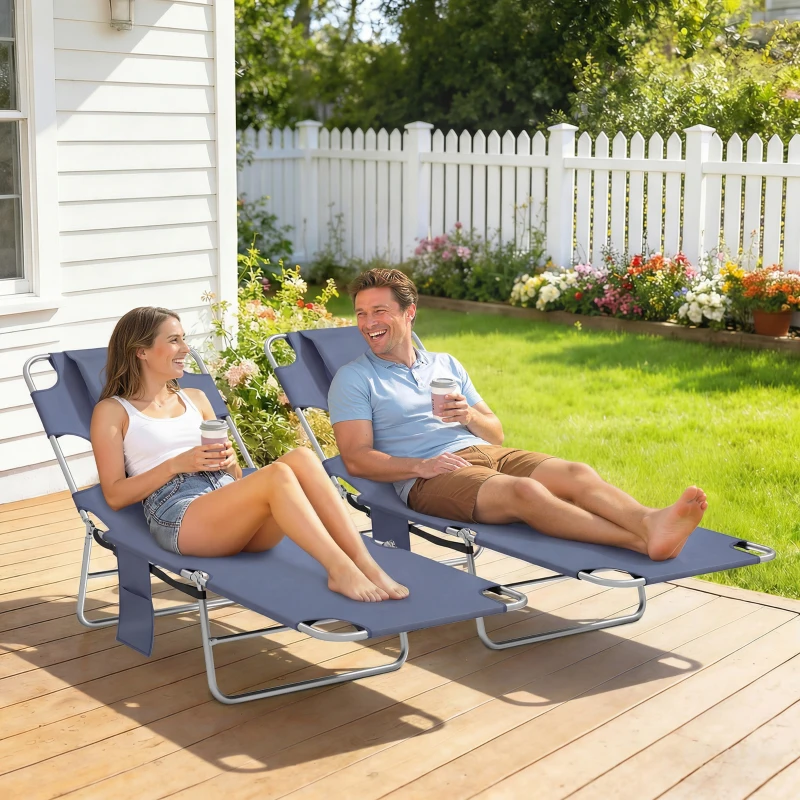 Outsunny 5-Position Adjustable Sun Loungers Set of 2 with Reading Hole and Side Pocket, Grey