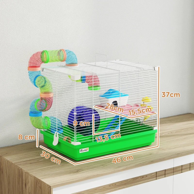 PawHut Gaiola para Hamster com Túnel Prato Bebedouro Casinha Rampa Roda de Exercício Bandeja Removível 46x30x37 cm Verde