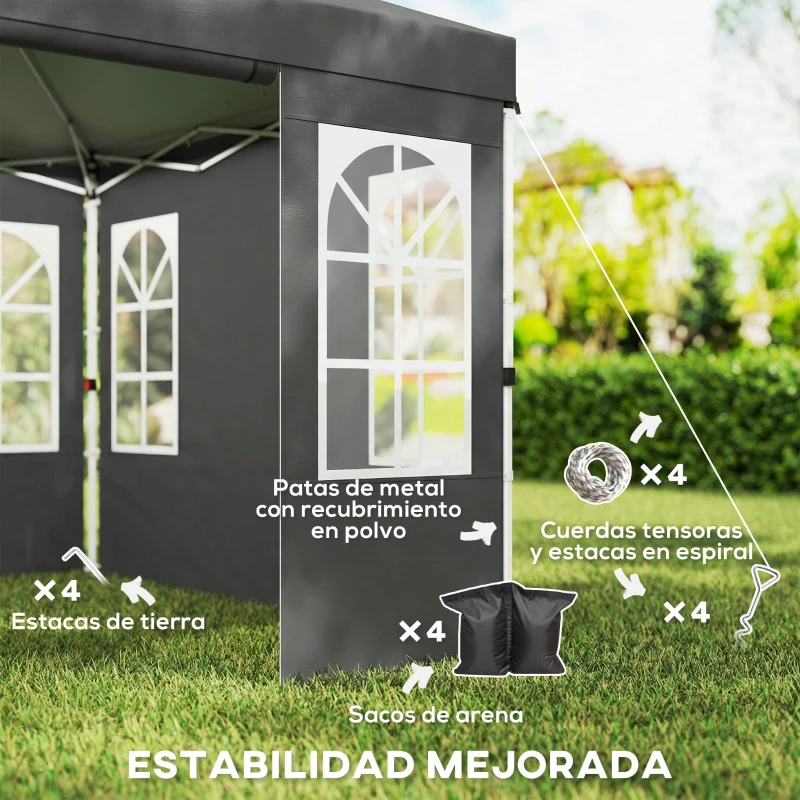 Outsunny Carpa Plegable 3x3 m Pop-up con UPF50+ 4 Laterales Desmontables Altura Ajustable y Bolsa de Transporte Gris Oscuro