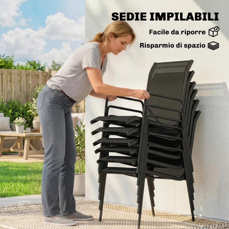 Outsunny Set da Esterno 7pz in Acciaio con 6 Sedie Impilabili in Texteline e Tavolino da Caffè con Piano in Vetro, Nero