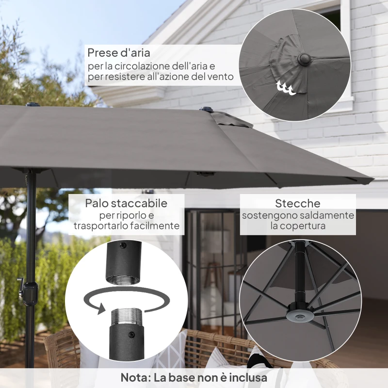 Outsunny Ombrellone da Giardino Doppio da Giardino 4.6x2.7 m a 12 Stecche con Prese d'Aria e Manovella, Ombrellone per Esterno in Acciaio e Poliestere, Anti UV, per Balcone e Terrazza, Grigio