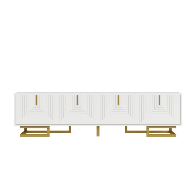 Mobile TV moderno con maniglie e gambe dorate, piedini regolabili, 160x38x44.5 cm, Bianco