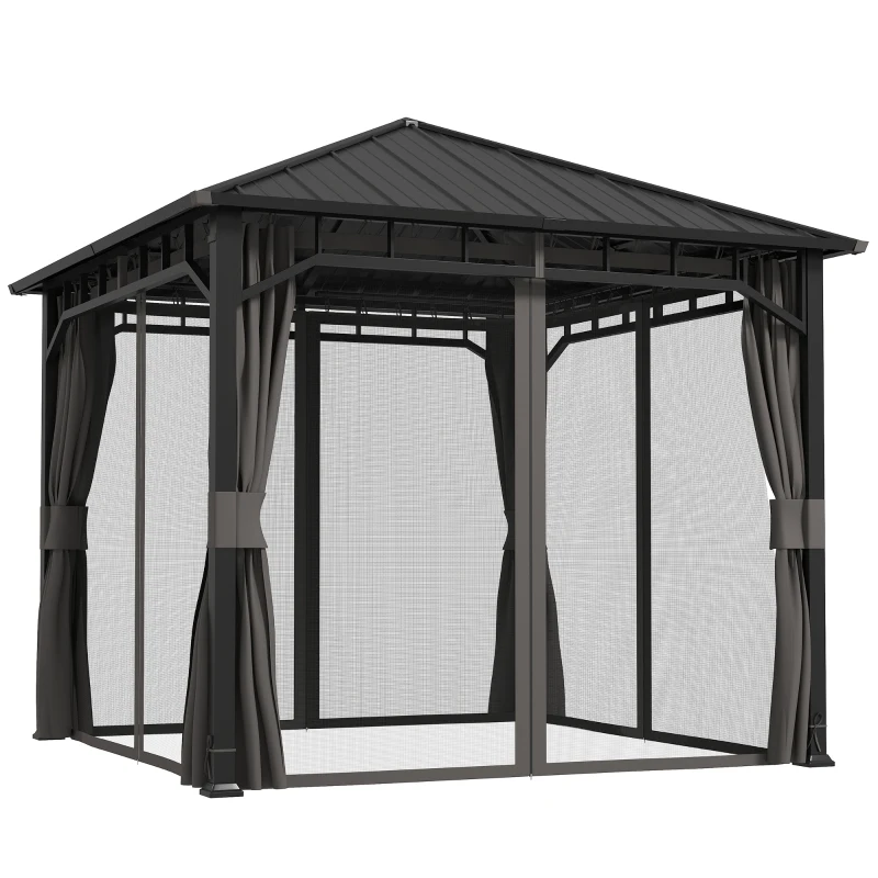Outsunny Pabellón 3 x 3 m Impermeable Estable Resistente al invierno Pabellón de jardín con paneles laterales, redes, ganchos Techo rígido Gris oscuro