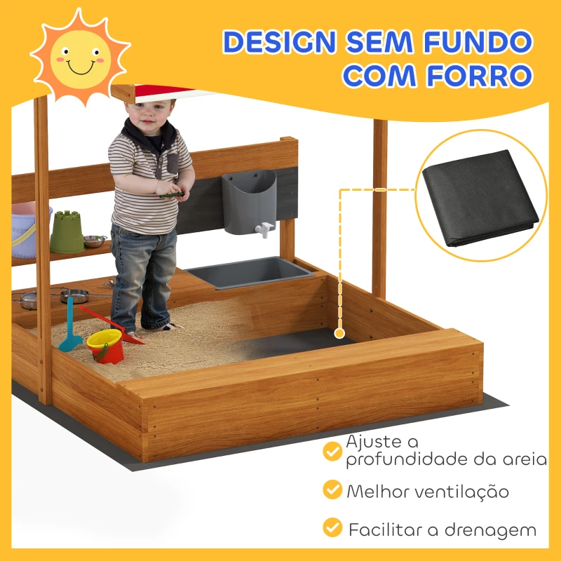 Outsunny Caixa de Areia de Madeira para Crianças com Toldo Regulável e Brinquedos de Cozinha para Crianças de 3-7 Anos 114x110x110 cm Vermelho