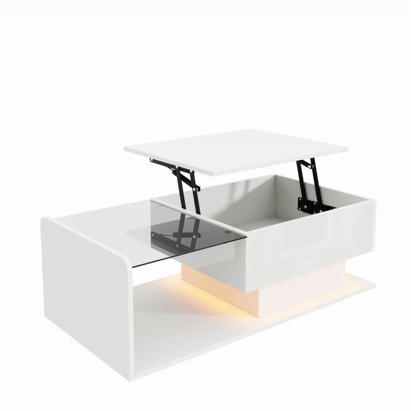Tavolino da salotto regolabile in altezza, con piano in vetro e striscia LED, 100x50x33-47.5 cm, Bianco