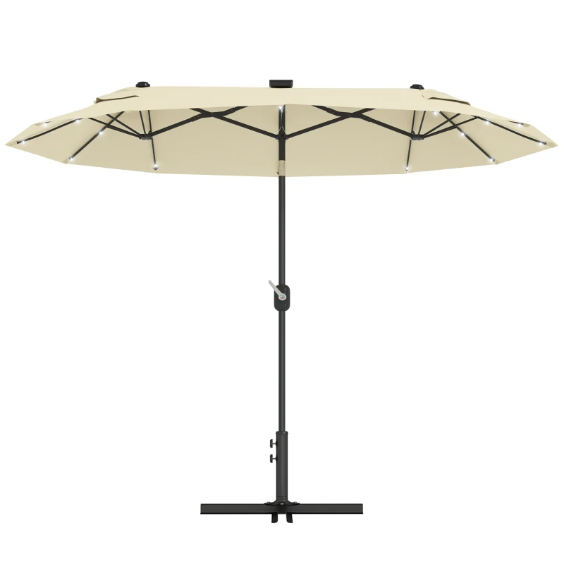 Outsunny Ombrellone Doppio con Luci LED e Base a Croce, in Poliestere e Acciaio, 295x150x219 cm, Bianco Crema
