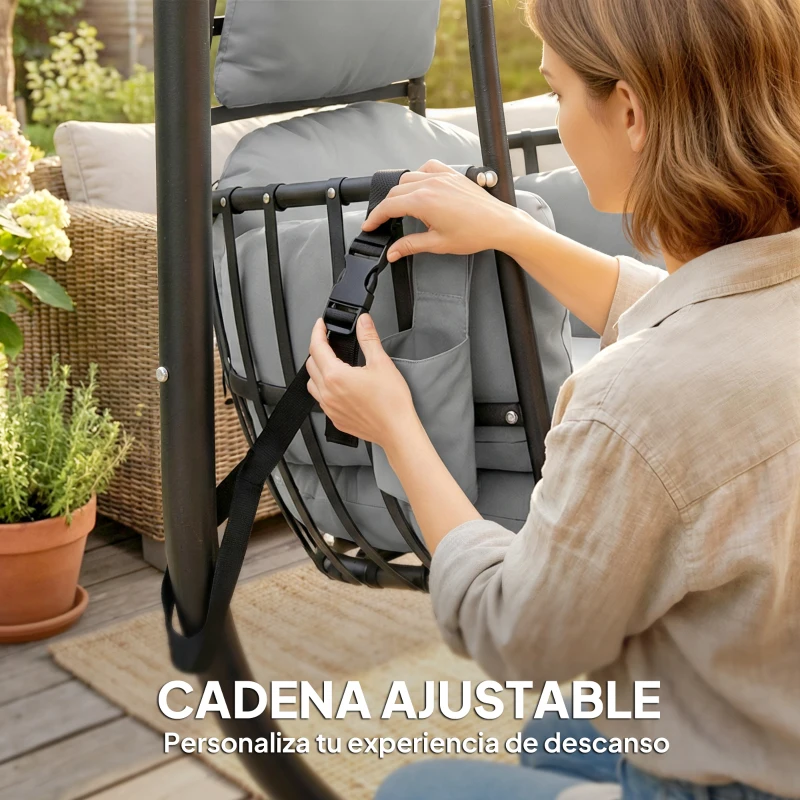 Outsunny Silla Colgante Huevo con Soporte Cesta Plegable Reposacabezas Cojín Bolsillo Lateral Carga 120 kg Gris Oscuro