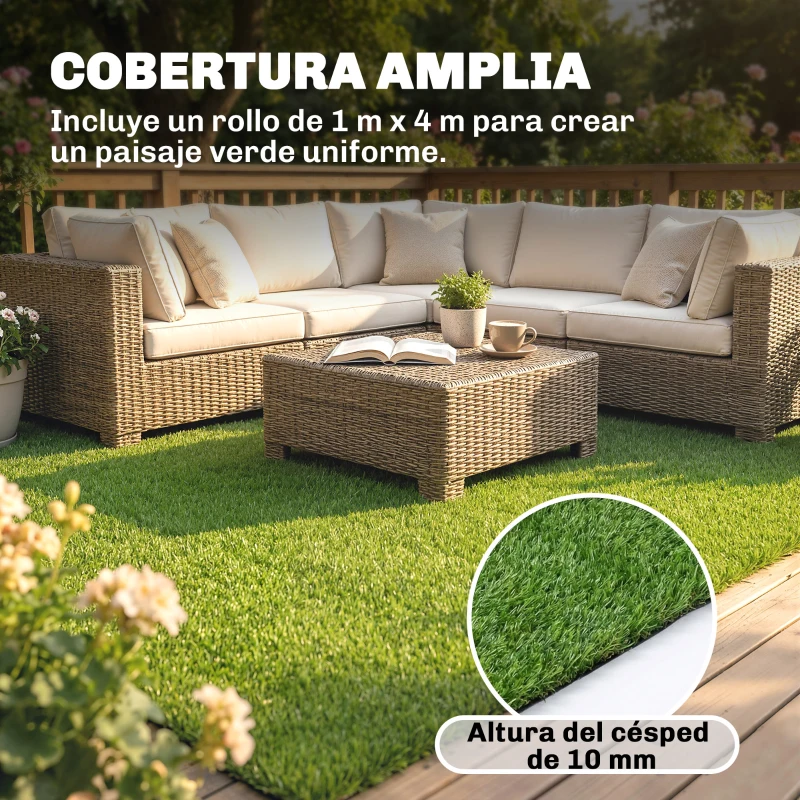 Outsunny Césped Sintético 1m x 4m Alfombra Césped Artificial con Altura de Hierba 10 mm Drenaje Automático Verde