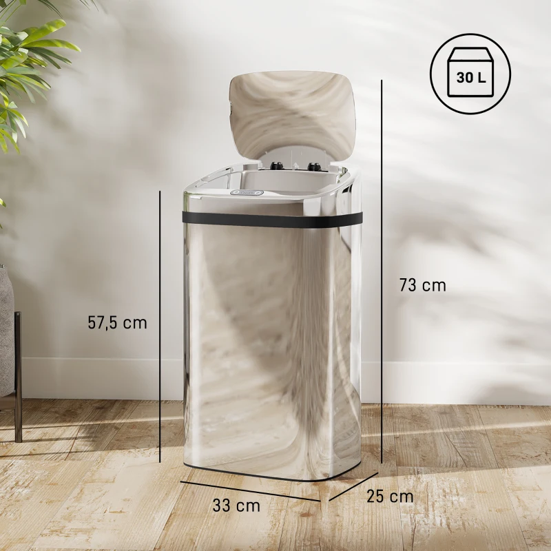 HOMCOM Contenedor de Residuos de 30L con Sensor para Apertura y Cierre Automático, 33x25x57.5 cm, Plateado