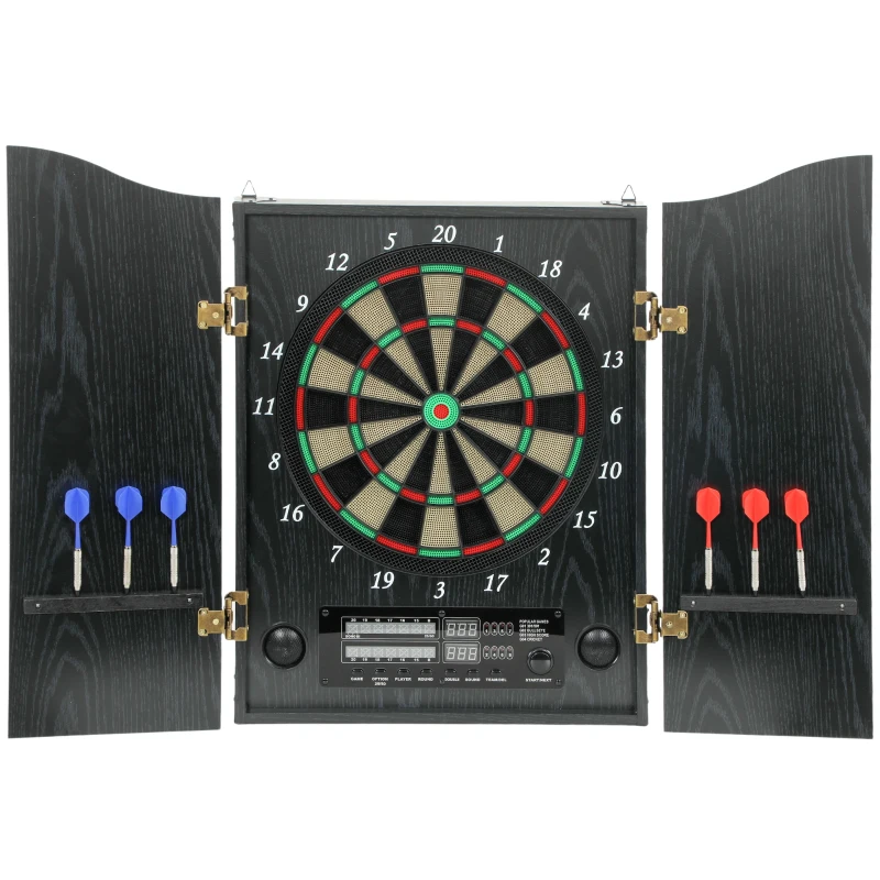 SPORTNOW Elektronische Dartscheibe E Dartboard mit Türen Holzoptik LED Anzeige Sprachansagen 6 Dartpfeile, 24 Ersatzspitzen