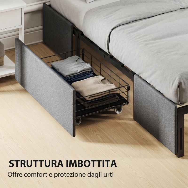 HOMCOM Struttura Letto Matrimoniale a Doghe con 3 Cassetti, in Legno, Poliestere e Metallo, 165x193x30 cm, Grigio