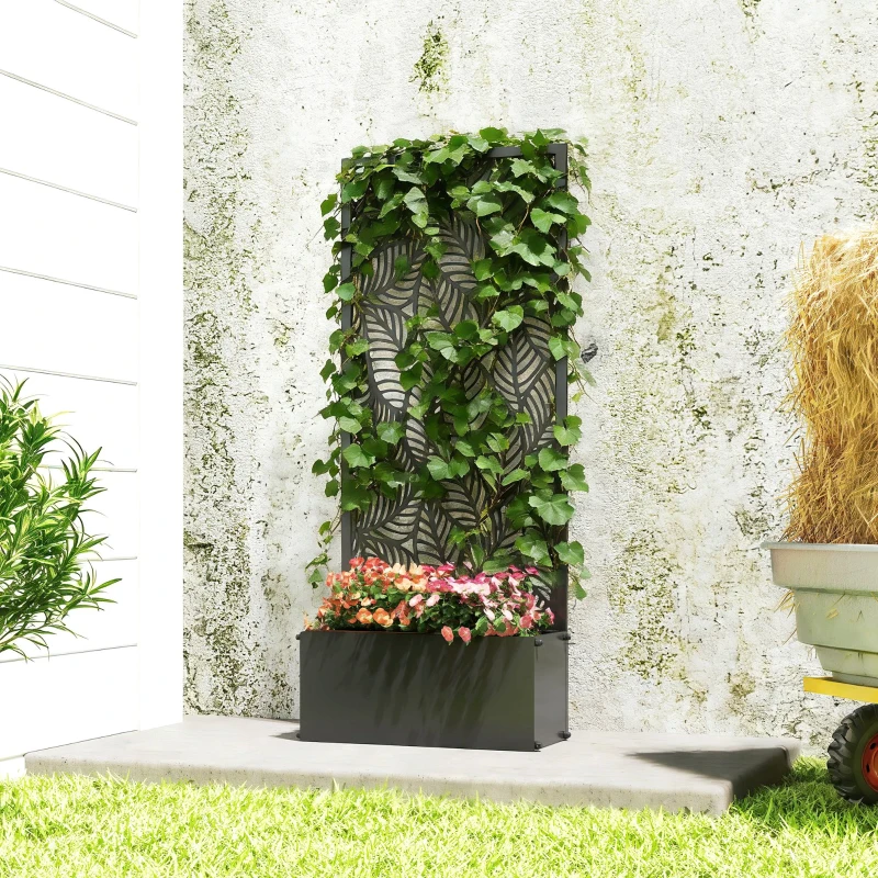 Outsunny Jardinera con enrejado, macetero, con pantalla de privacidad, para plantas trepadoras, metal, 45 x 21,5 x 110 cm, negro