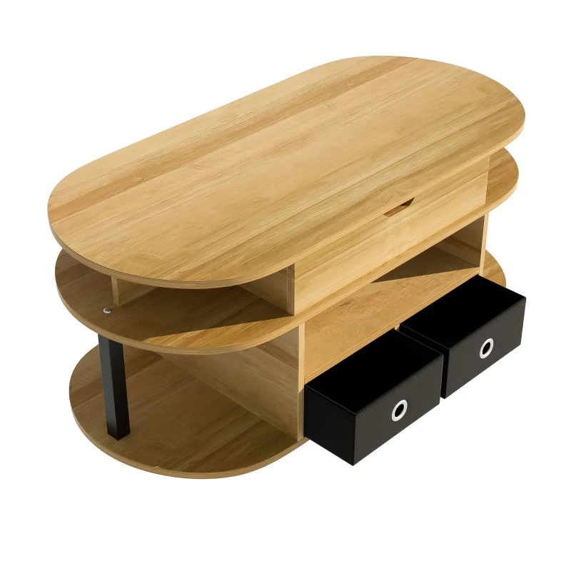 Table basse relevable, espace de rangement et tiroirs en tissu noir, 105x50x45 cm, Couleur naturelle