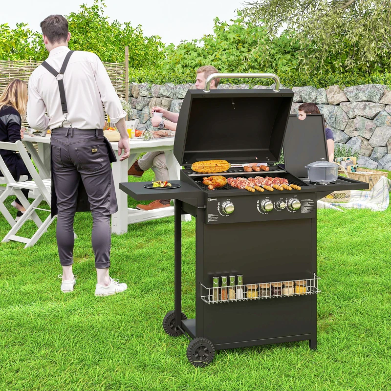 Outsunny Barbecue gaz 3+1 brûleurs en acier, puissance 9,5 kW, barbecue de jardin 2 grilles étagères latérales, 2 roues, noir