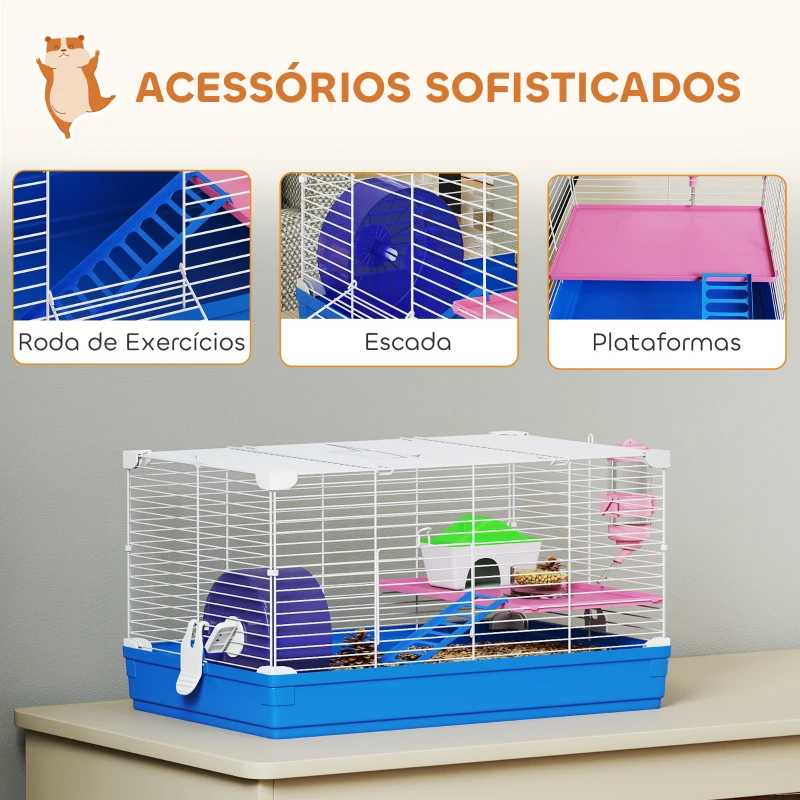 PawHut Gaiola para Hamster Casa para Roedores com Roda de Exercício Tigela Bebedouro Casinha Rampas para Gerbos 47x30x27 cm Azul