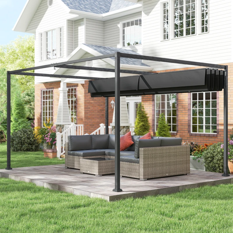Outsunny Pergola Gazebo da Esterno 3x2.1 m con Tettuccio Retrattile in Metallo e Poliestere, Nero