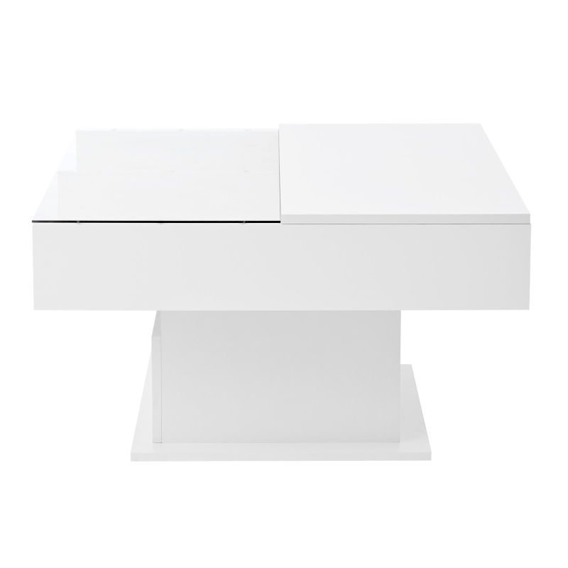 Tavolino da salotto regolabile e lucido con piano rialzabile e illuminazione LED, 78x78x45.5 cm, Bianco