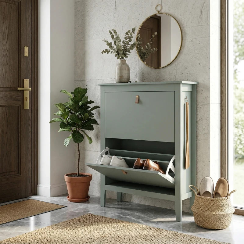 HOMCOM Scarpiera Slim con 2 Cassetti e Ripiani Regolabili per 14 Paia di Scarpe EU44, 80x24x95,5 cm, Verde