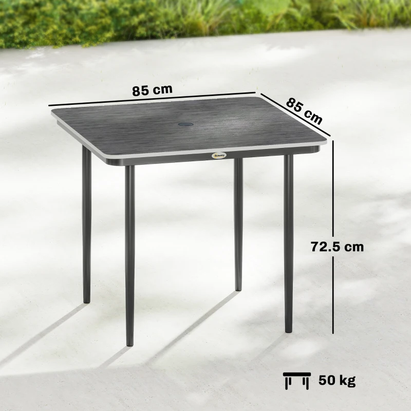 Outsunny Garden Dining Table for 4, 85 cm Square Outdoor Table with Umbrella Hole, Faux Wood Top, Metal Legs, Dark Grey