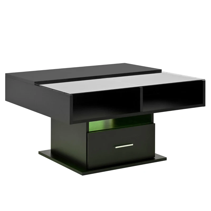Tavolino da salotto regolabile e lucido con piano rialzabile e illuminazione LED, 78x78x45.5 cm, Nero