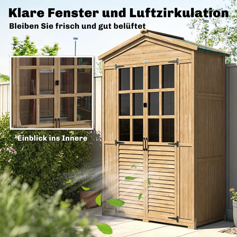 Outsunny Gartenschrank Holz Geräteschuppen mit Ablage Acrylfenstern Abschließbar Tür Bodenplatte Asphalt-Dach Belüftungspaneel
