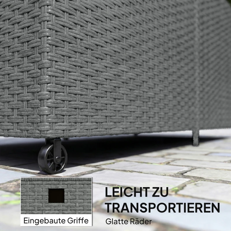 Outsunny Caja para cojines de rattan 650L resistente a la intemperie resistente a los UV cofres con tapa ruedas espacio de almacenamiento 150 x 75 x 74 cm Gris oscuro