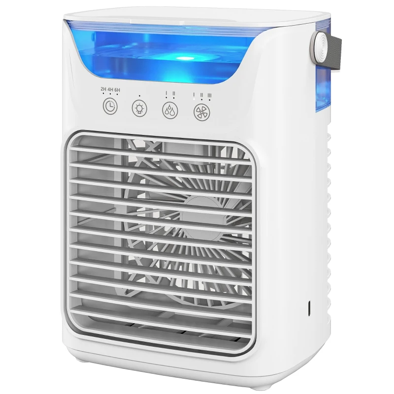 HOMCOM Ventilador de mesa com luz RGB, ventilador de escritório com cabeça orientável, 3 velocidades, reservatório de água, branco