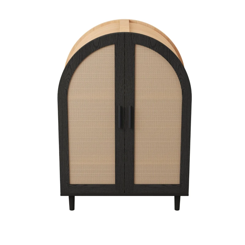 Mobile per scarpe con esterno arrotondato, ante traforate in rattan e 3 ripiani, 70x40x100 cm, Color Legno e Nero