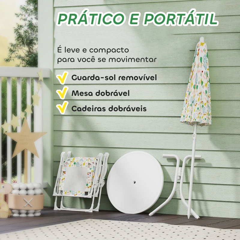 AIYAPLAY Conjunto Infantil de Mesa e Cadeiras de Jardim 4 Peças Cadeiras Dobráveis Chapéu de Sol Ajustável Design de Elefantes Branco