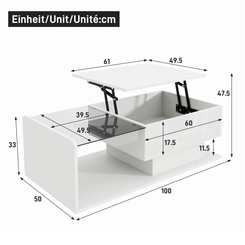 Tavolino da salotto regolabile in altezza, con piano in vetro e striscia LED, 100x50x33-47.5 cm, Bianco