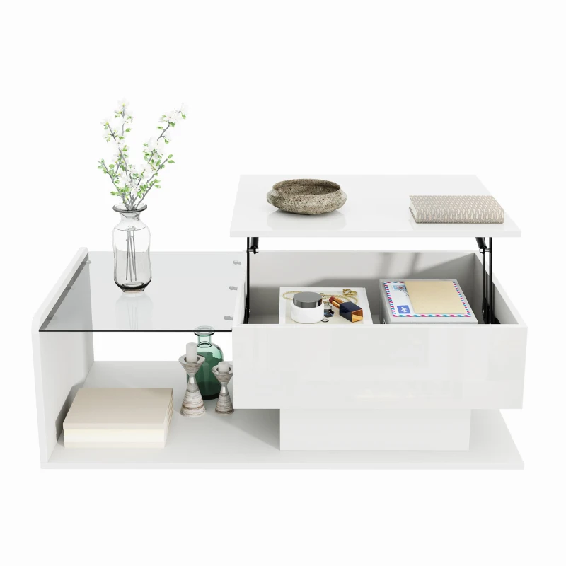 Tavolino da salotto regolabile in altezza, con piano in vetro e striscia LED, 100x50x33-47.5 cm, Bianco