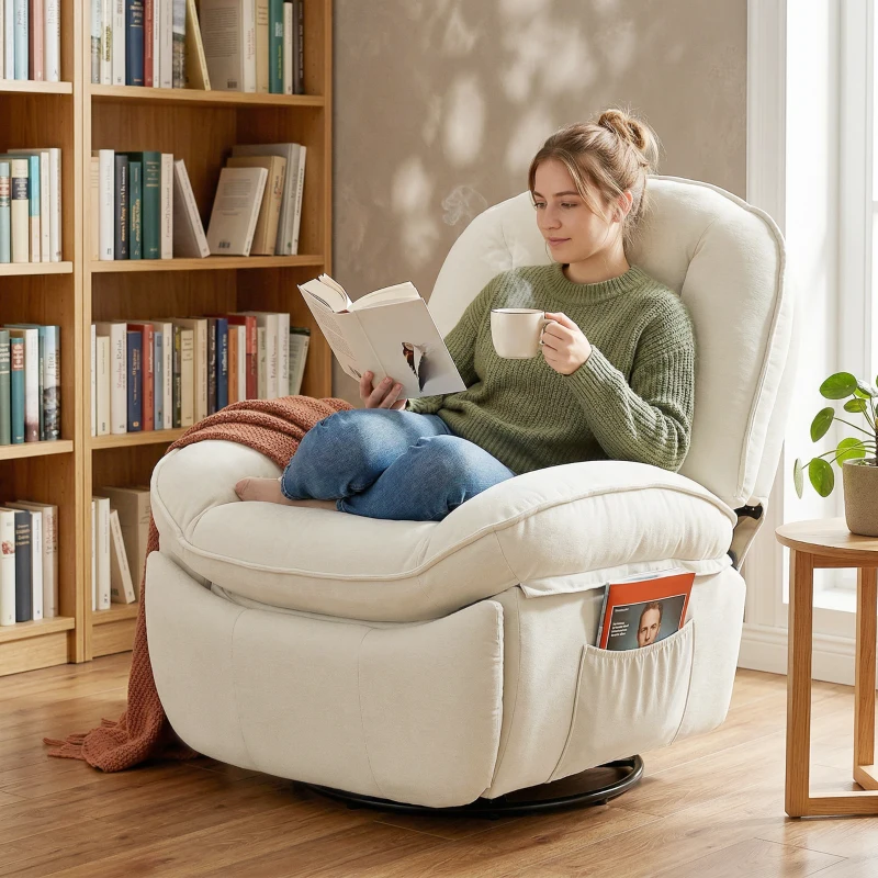 HOMCOM Sillón relax, sillón giratorio con función de balanceo y reclinable, asiento profundo, respaldo grueso, montaje fácil, crema