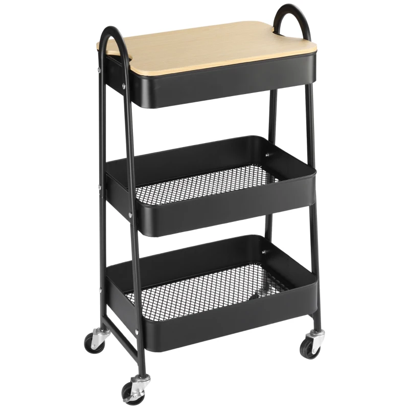 HOMCOM Carrito de Cocina con 3 Cestas de Acero y 1 Placa de Cubierta para Comedor Sala Baño 45x31x79,4 cm Negro