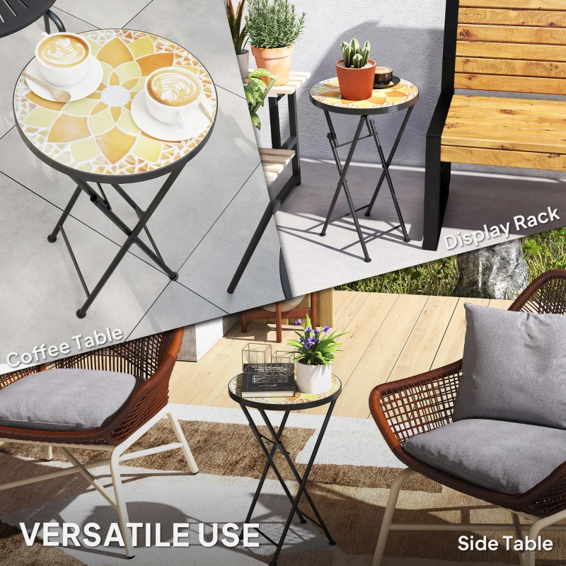 Outsunny Mosaic Outdoor Garden Table, 35.5cm Round Folding Coffee Table with Metal Frame for Balcony Terrace, Yellow