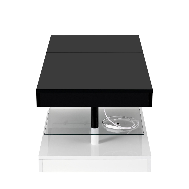 Table basse avec éclairage d'ambiance LED, étagère en verre & surface laquée brillante, 90x45x35,5 cm, Noir+Blanc