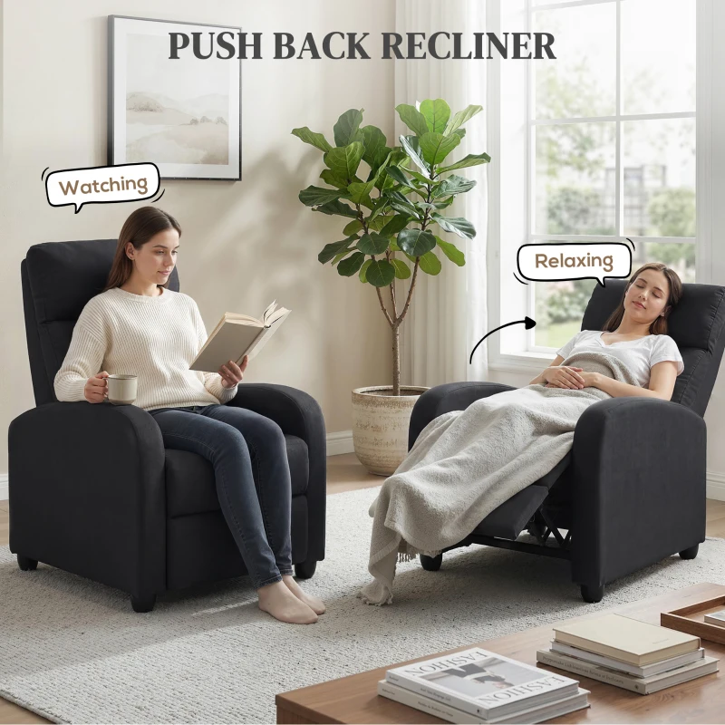 HOMCOM Relaxsessel, verstellbar 135°, ausziehbare Fußstütze, gepolsterte Lehnen, Leinen-Polyester, Schwarz