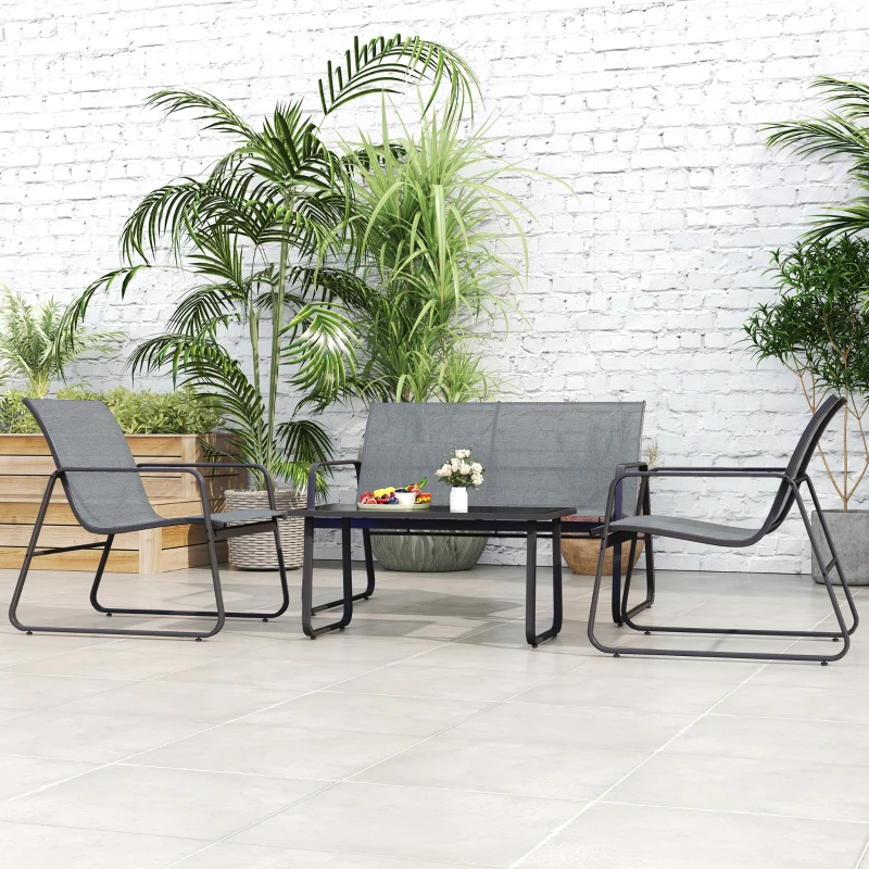 Outsunny Set de Exterior 4 piezas con Mesita de Café, Banco de 2 Plazas y 2 Sillas, en Metal y Texteline Gris Claro