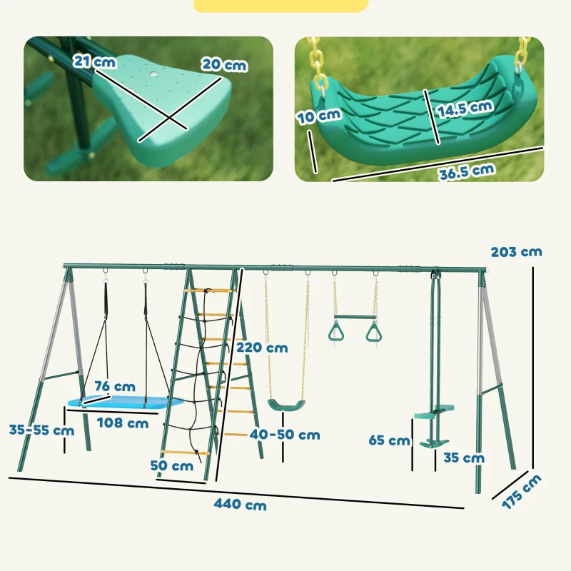 AIYAPLAY Estructura de columpio 5 en 1 con columpio nido ajustable anillas doble asiento estructura de escalada para 3-8 años 440x175x203 cm