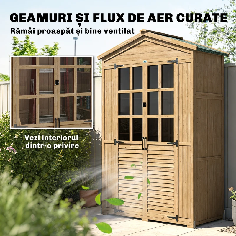 Outsunny Dulap de Grădină din Lemn de Brad cu Rafturi și Ferestre din Acril, Căsuță Depozitare Unelte Exterioare cu Acoperiș Asfaltat, Uși Blocabile, 128x57.5x197 cm, Maro Deschis