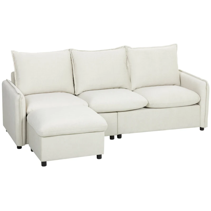 HOMCOM Ecksofa 3‑Sitzer Modular aus atmungsaktivem Lederoptik‑Stoff mit Stauraum‑Hocker, Kissen, Creme