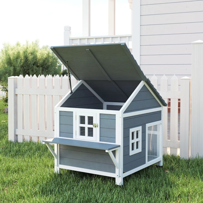 PawHut Casa para gatos de madera 2 pisos caseta con techo abatible impermeable, plataforma lateral, 101x72,5x81cm, Gris