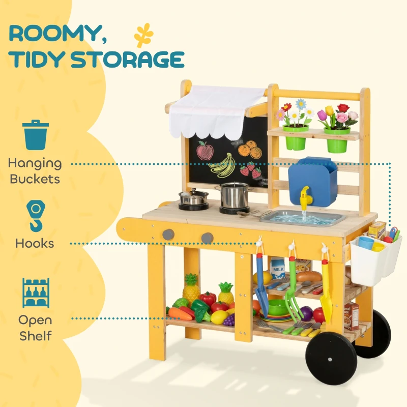 AIYAPLAY Außen-Spielküche aus Holz mit Rollen Echtes Wasser Blumentöpfe Tafel und 15 Zubehörteile 84,2x34,4x90 cm Gelb