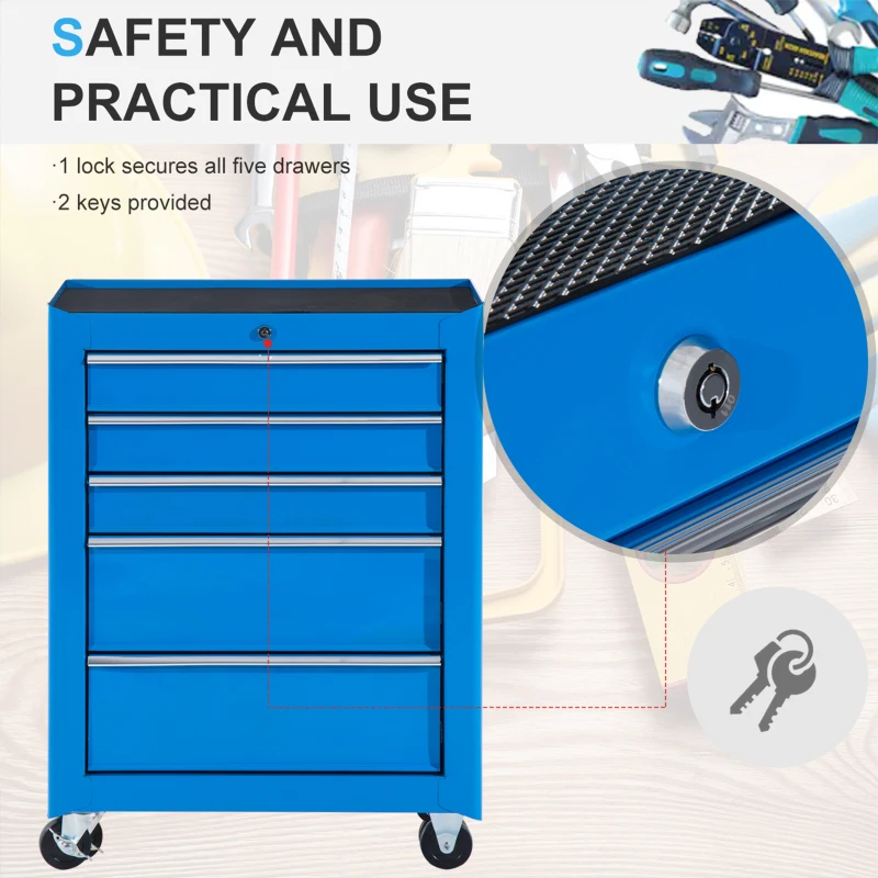 HOMCOM szafka na narzędzia, skrzynka narzędziowa, 5 szuflad, mobilna, stalowa, niebieska