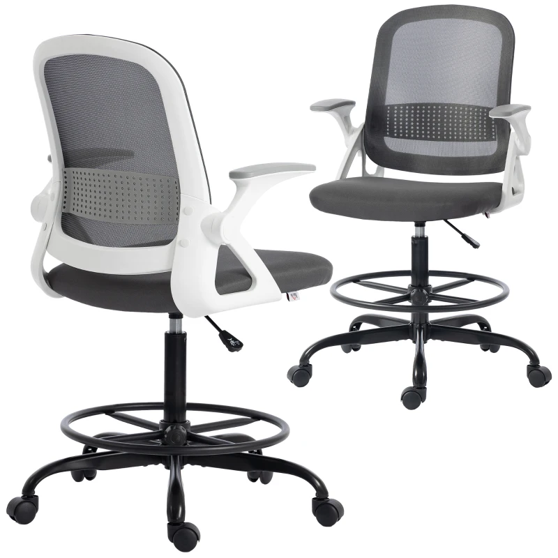 HOMCOM Silla de Escritorio de Malla Silla de Dibujo con Reposabrazos Abatibles Altura Ajustable Reposapiés Gris