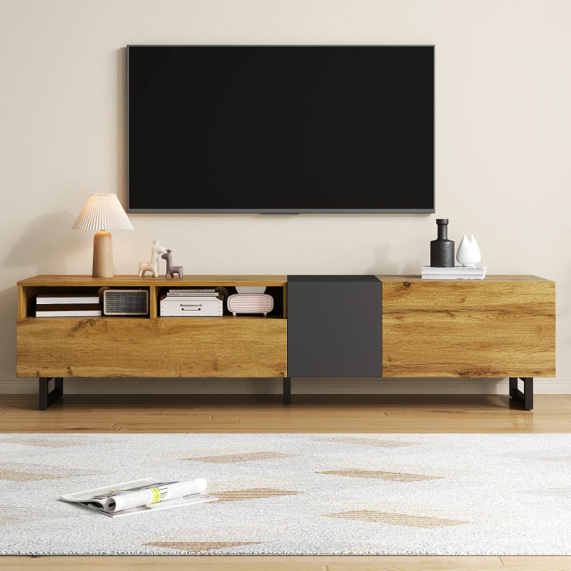Meuble TV avec 3 portes et 2 compartiments, pieds métalliques en U, 170x36,5x42 cm, Couleur naturelle
